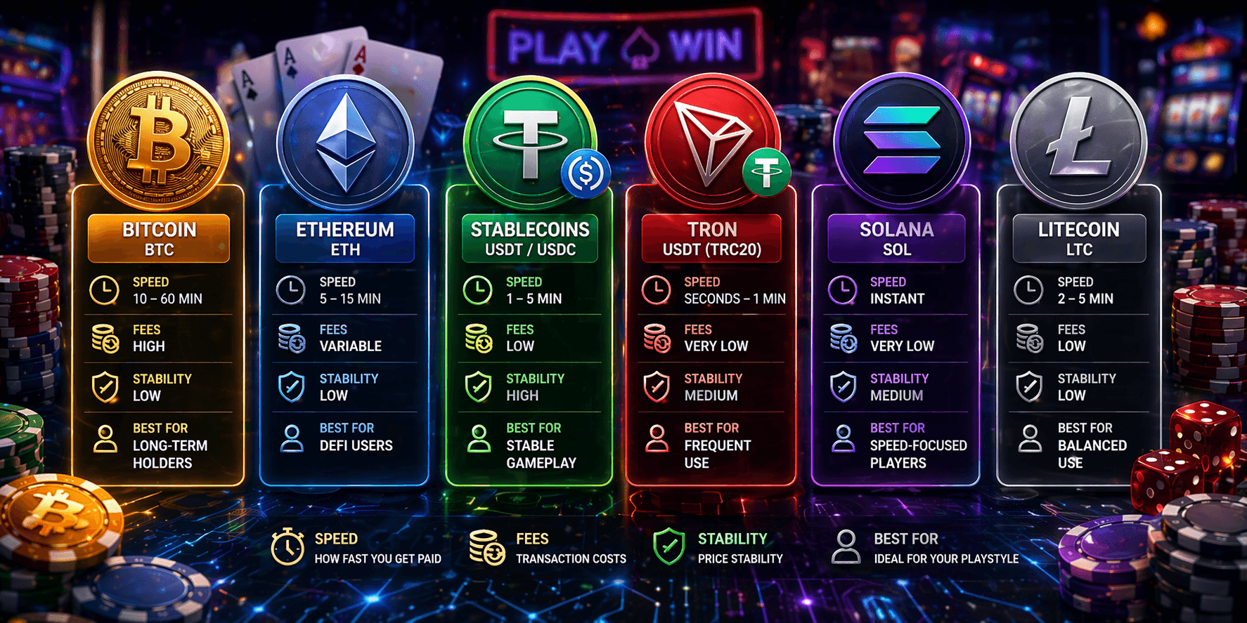 comparison of crypto casino payment methods including bitcoin ethereum and stablecoins