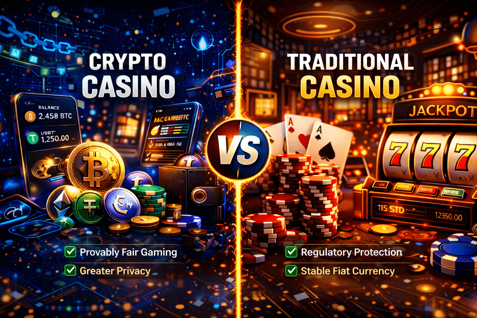 comparison between crypto casino and traditional casino showing blockchain and classic gambling elements