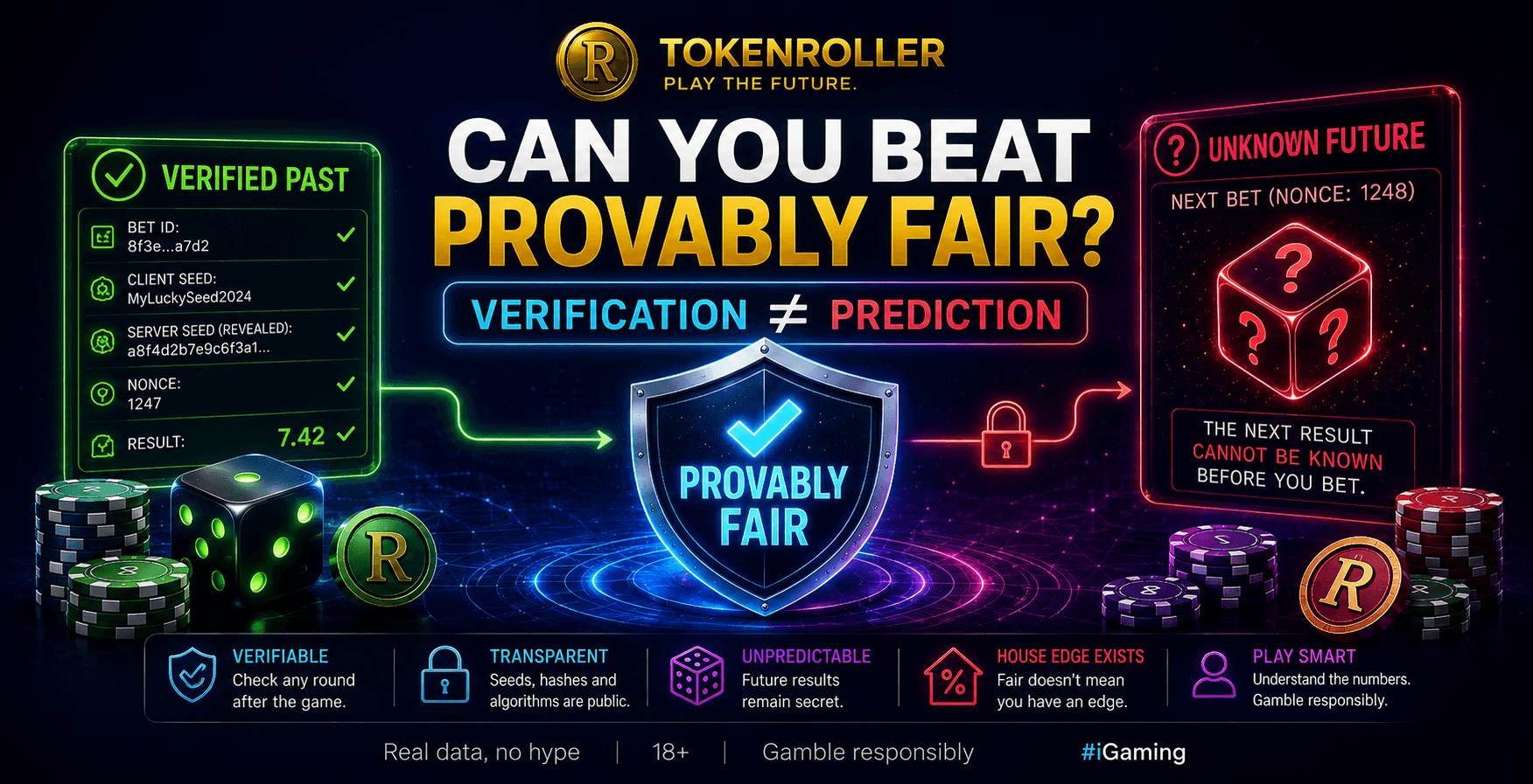 Provably Fair crypto casino concept showing server and client seeds, cryptographic verification and a hidden future result to illustrate the difference between verification and prediction.