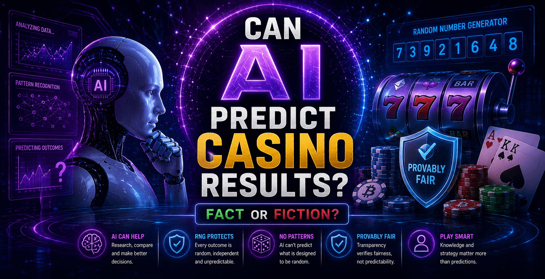 Futuristic AI analyzing crypto casino games while a Random Number Generator and Provably Fair shield illustrate why artificial intelligence cannot predict random casino outcomes.