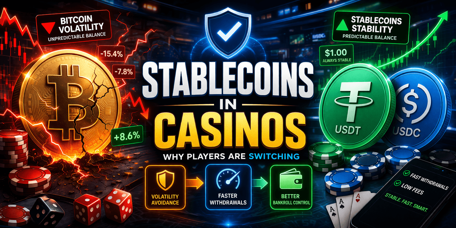 stablecoins vs bitcoin in crypto casino showing stable bankroll and fast transactions