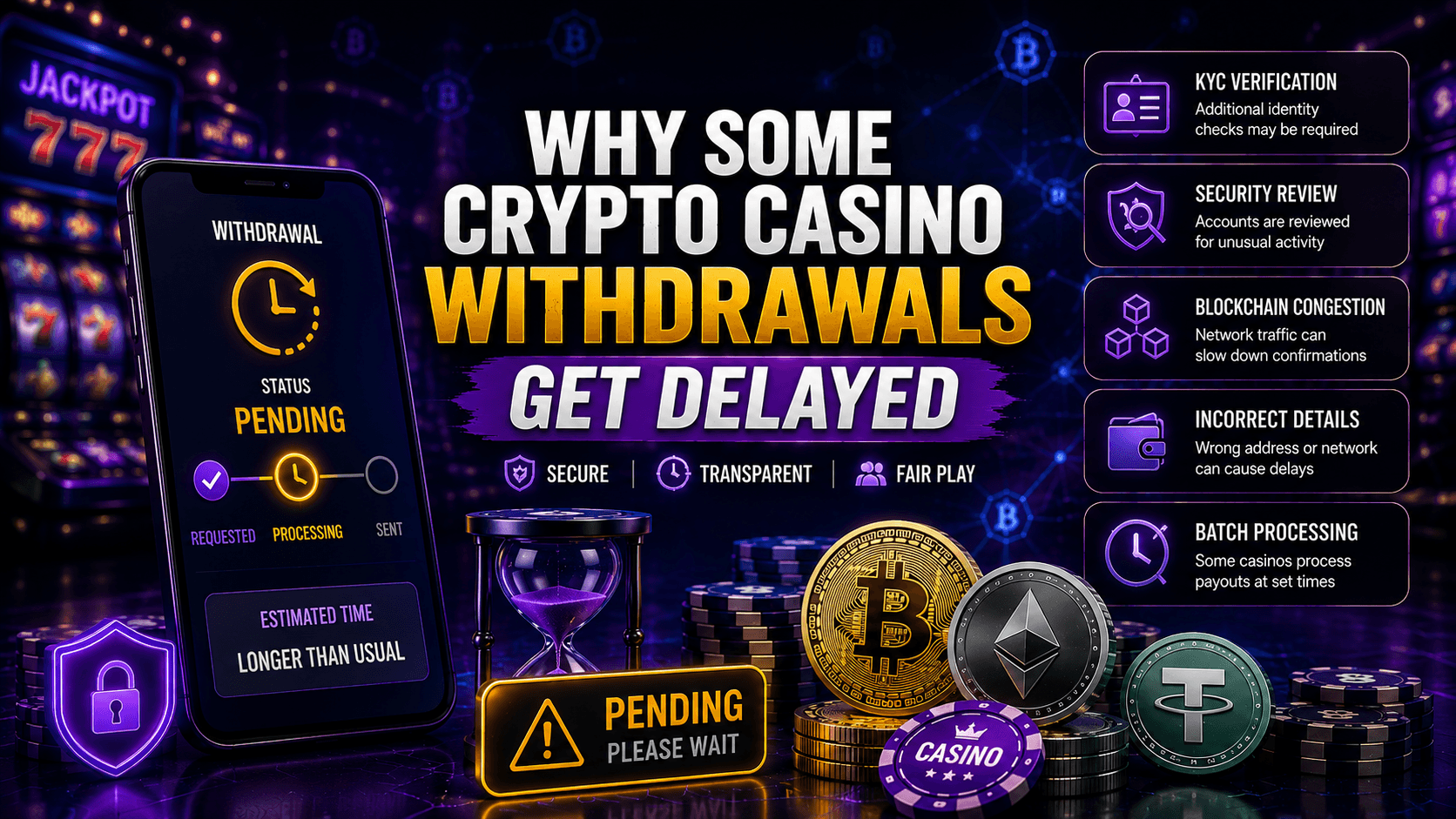 crypto casino withdrawal delay concept with blockchain confirmations and pending payment status
