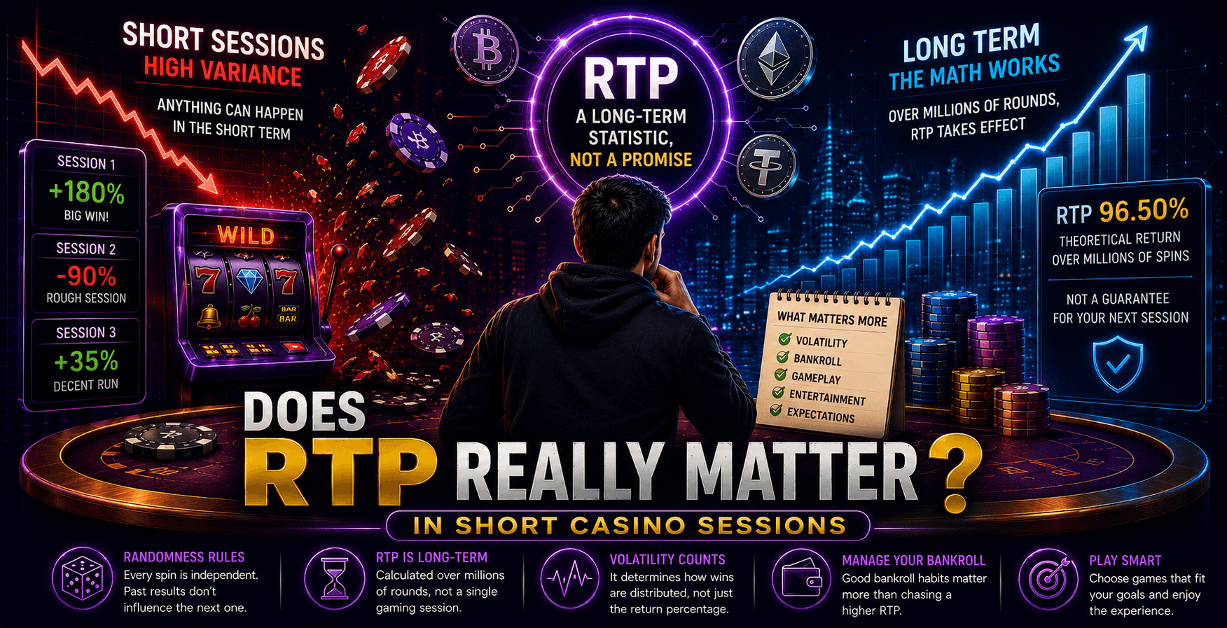 Comparison of RTP and short-term variance in crypto casino games, illustrating how randomness affects short casino sessions despite long-term return percentages.