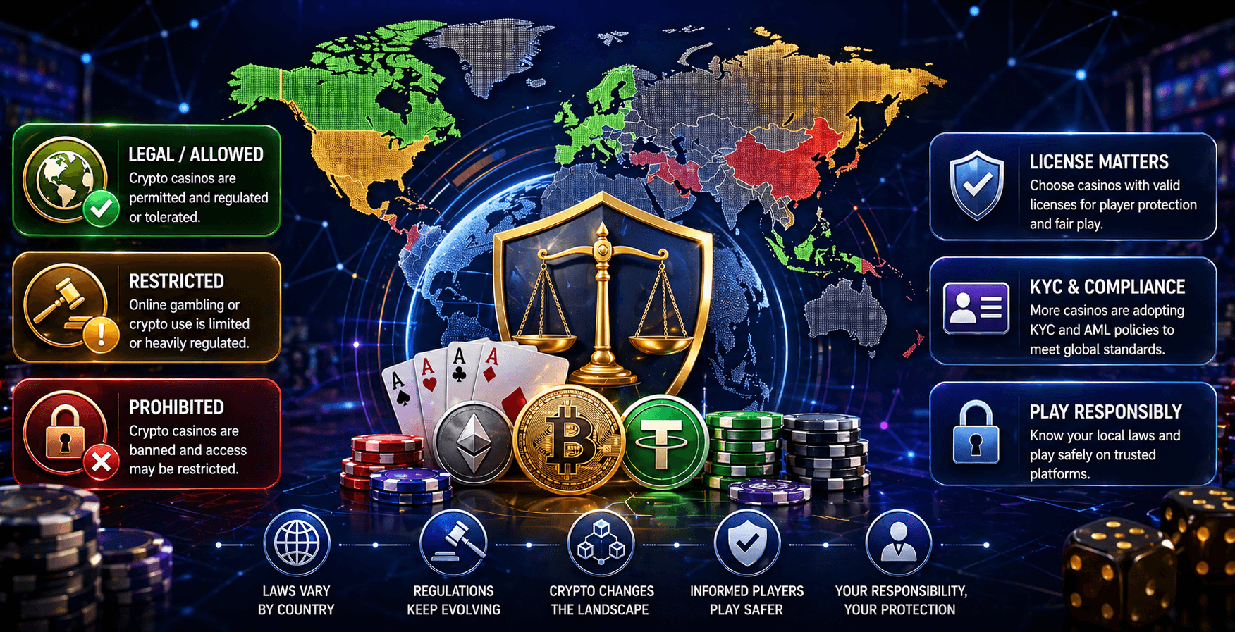 global crypto casino legality concept with world map and blockchain gambling