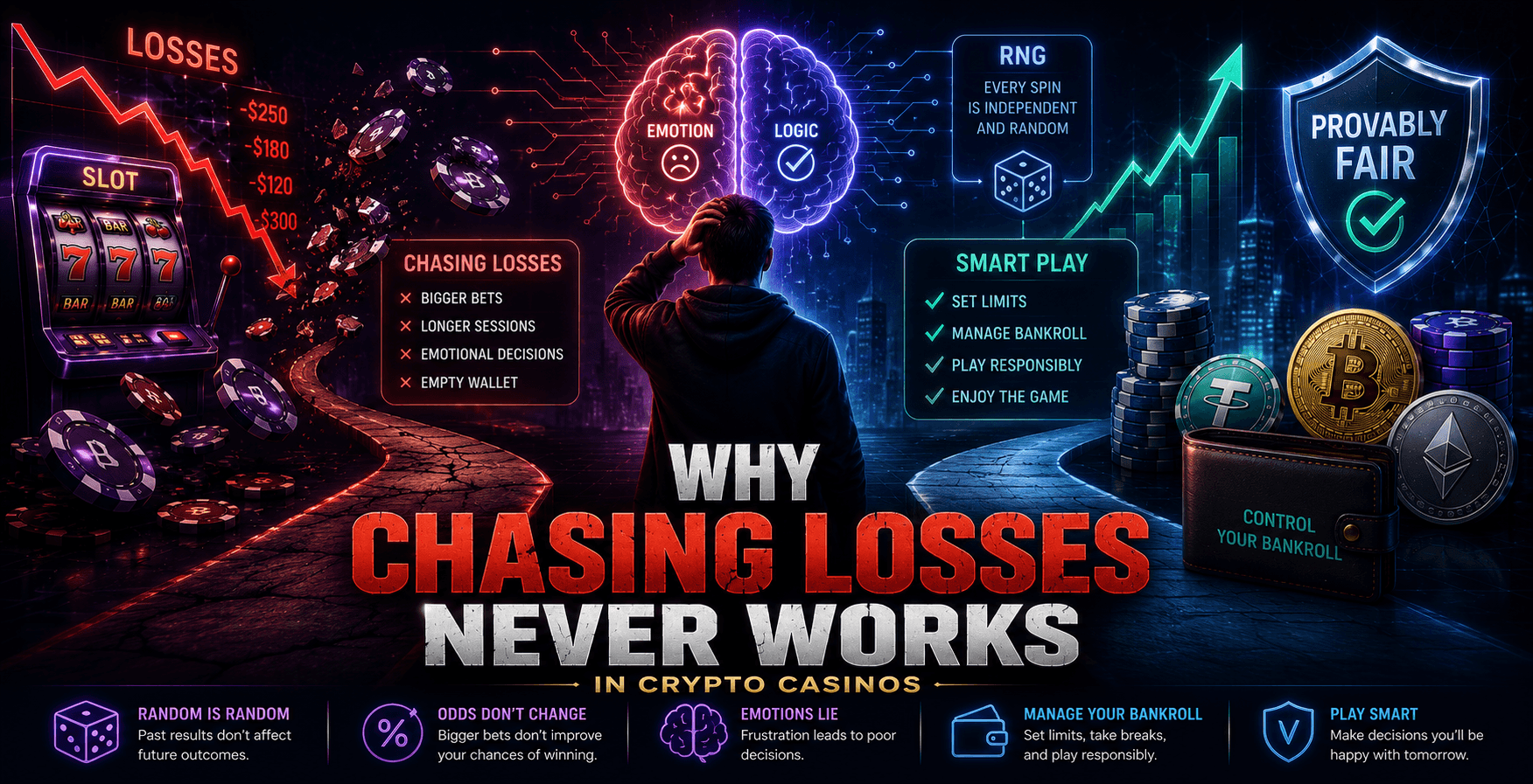 Crypto casino player standing between emotion and logic, illustrating why chasing losses never works, with a downward loss chart, bankroll management, RNG, and Provably Fair concepts.