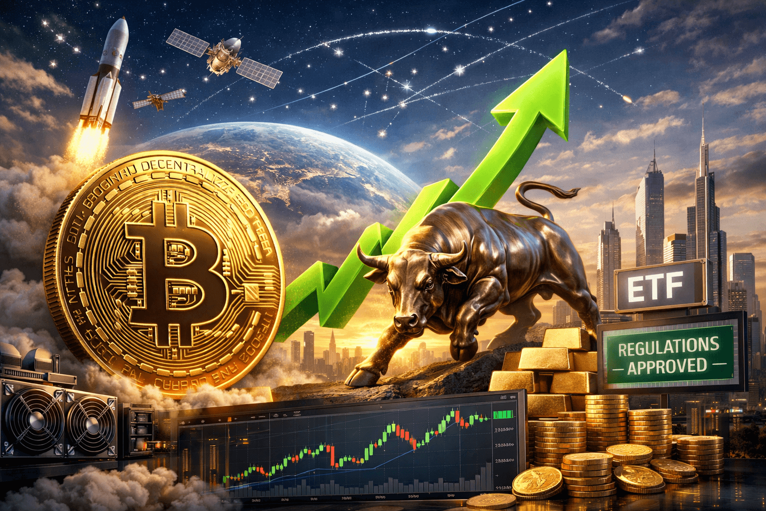 Futuristic financial landscape with Bitcoin price chart rising in early 2026, institutional finance icons, ETF symbols, and macroeconomic imagery.