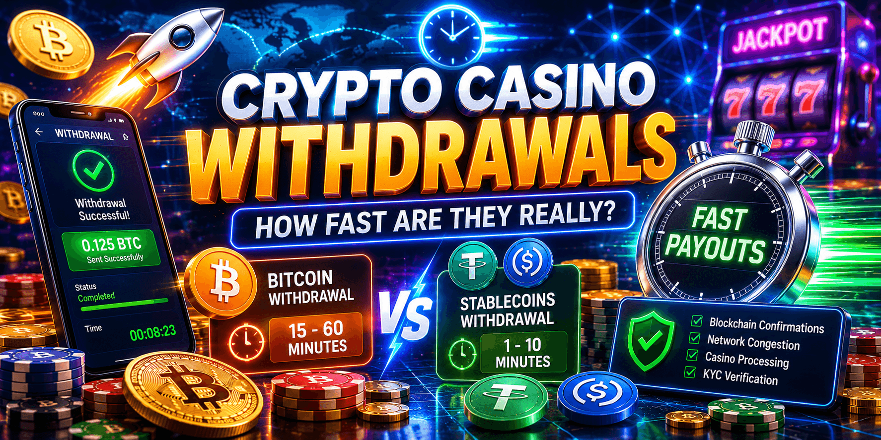 crypto casino withdrawal speed concept with bitcoin stablecoins and fast blockchain payments