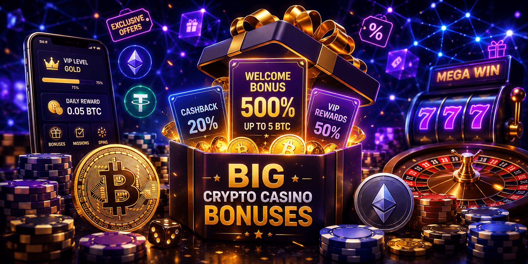 large crypto casino bonus concept with bitcoin rewards and blockchain gaming